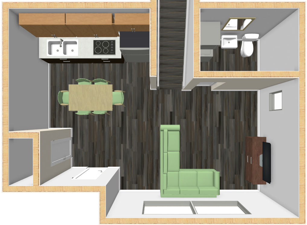 A 3D floor plan of a small apartment with a kitchen and dining area on the left, featuring a table and chairs. The living area has a green sofa and a TV. A bathroom with a sink, toilet, and mirror is on the top right. Wood floors throughout.